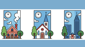 Trzy ilustracje na niebieskim tle: mały domek, wiejski kościół i miejskie wieżowce