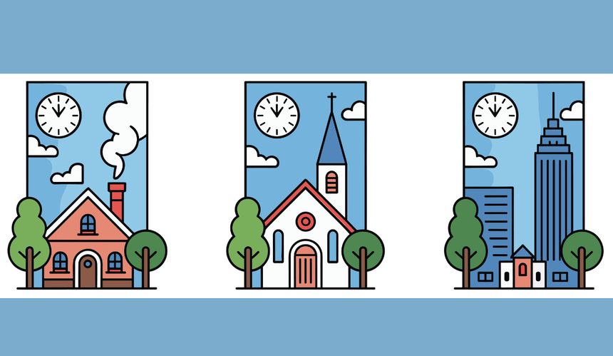 Trzy ilustracje na niebieskim tle: mały domek, wiejski kościół i miejskie wieżowce