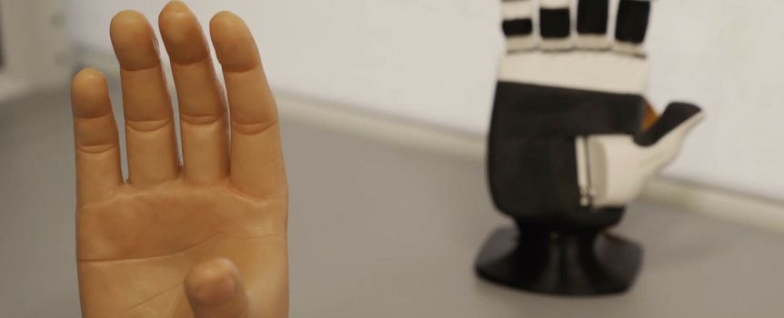 Na zdjęciu widać rękę modelu oraz technologiczną rękę robotyczną.