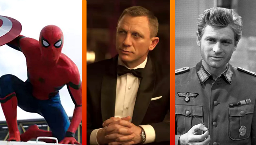 Na zdjęciu superbohater Spider-Man, mężczyzna w garniturze oraz postać w mundurze.