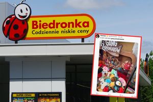 Znak sklepu Biedronka oraz zdjęcie maskotek z 