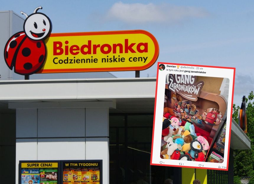 Znak sklepu Biedronka oraz zdjęcie maskotek z 