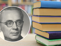 Na zdjęciu stos książek oraz okrągłe zdjęcie mężczyzny w okularach, z bibliotecznym tłem.