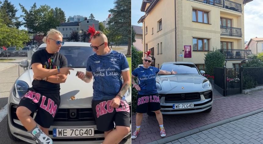 Skolim i Luxon stoją przed luksusowym samochodem na ulicy.