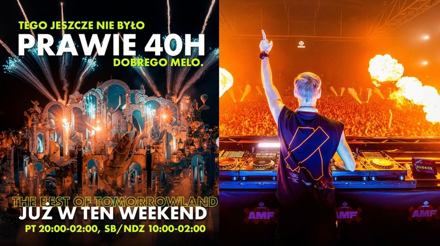 Na zdjęciu Armin van Buuren gra podczas festiwalu, w tle tłum i efekty świetlne.