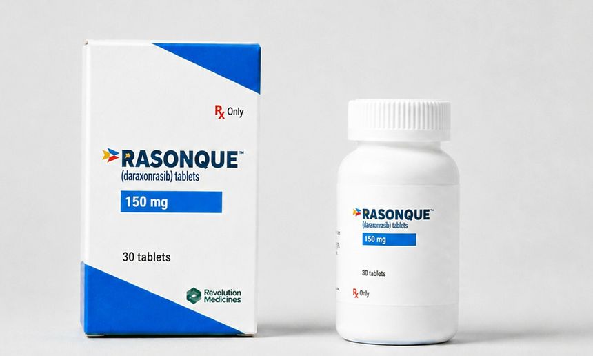 Opakowanie leku Rasonque oraz butelka z tabletkami, oba z oznaczeniem 150 mg.