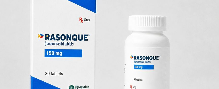 Opakowanie leku Rasonque oraz butelka z tabletkami, oba z oznaczeniem 150 mg.