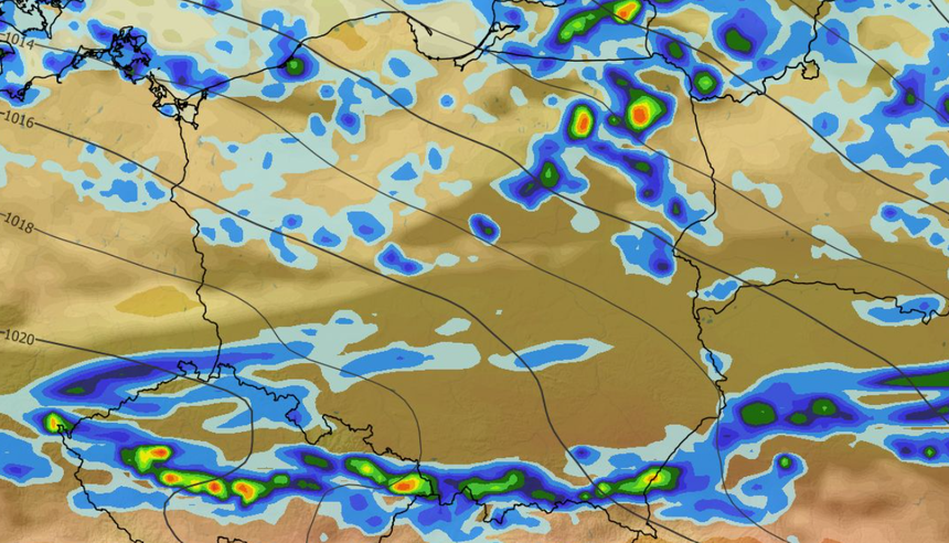 Chwilowe natężenie opadu, zachmurzenie, temperatura i ciśnienie 05.09 (ECMWF) 