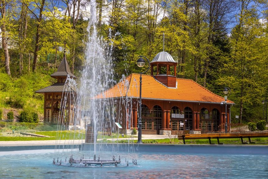 Widok na budynek w stylu willowym obok fontanny w otoczeniu zieleni i drzew.
