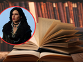 Obrazek przedstawia otwartą książkę z tłem biblioteki oraz postać z gry komputerowej.