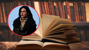 Obrazek przedstawia otwartą książkę z tłem biblioteki oraz postać z gry komputerowej.