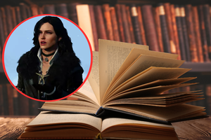 Obrazek przedstawia otwartą książkę z tłem biblioteki oraz postać z gry komputerowej.
