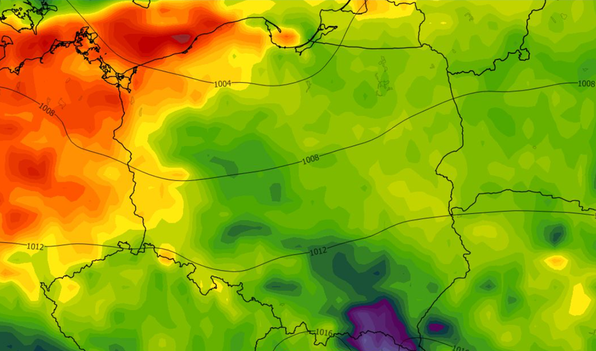 Maksymalny poryw wiatru na wysokości 10 m z ostatnich 6 godzin (km/h) 04.09 (ECMWF)