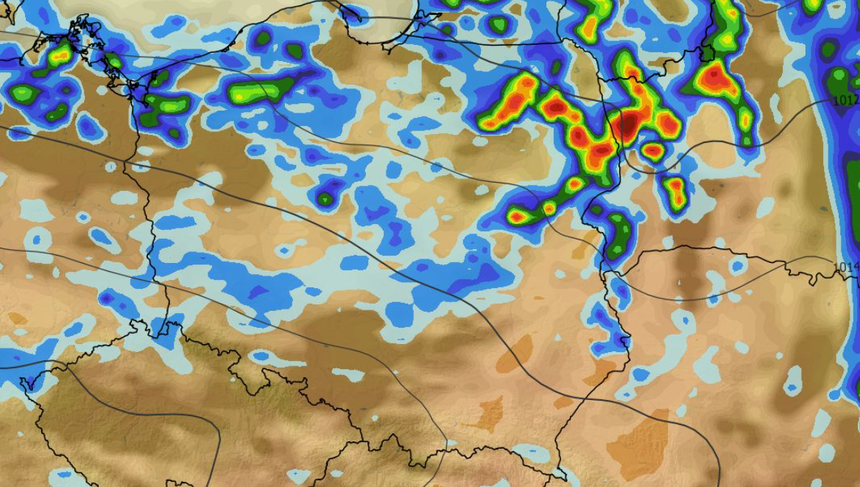 Chwilowe natężenie opadu, zachmurzenie, temperatura i ciśnienie 01.09 (ECMWF)