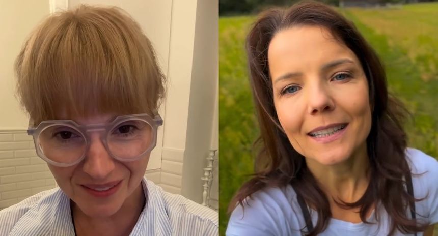 Dorota Szelągowska w okularach. Joanna Jabłczyńska na tle zielonego pola. Obie uśmiechnięte.