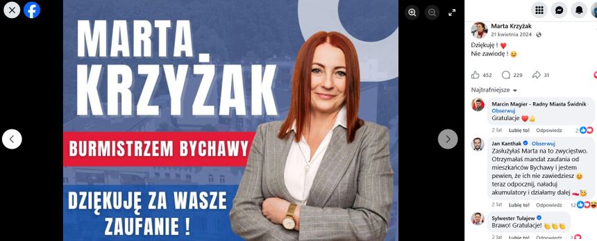 Krzyżak jest burmistrzynią Bychawy