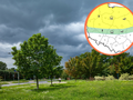 Zielony park z drzewami i ciemnymi chmurami na niebie; w tle mapa z kolorami meteorologicznymi.