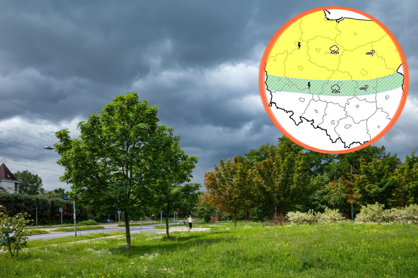 Zielony park z drzewami i ciemnymi chmurami na niebie; w tle mapa z kolorami meteorologicznymi.