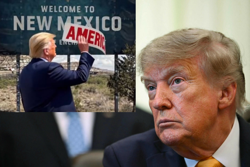 Na zdjęciu Donald Trump trzyma znak z napisem 