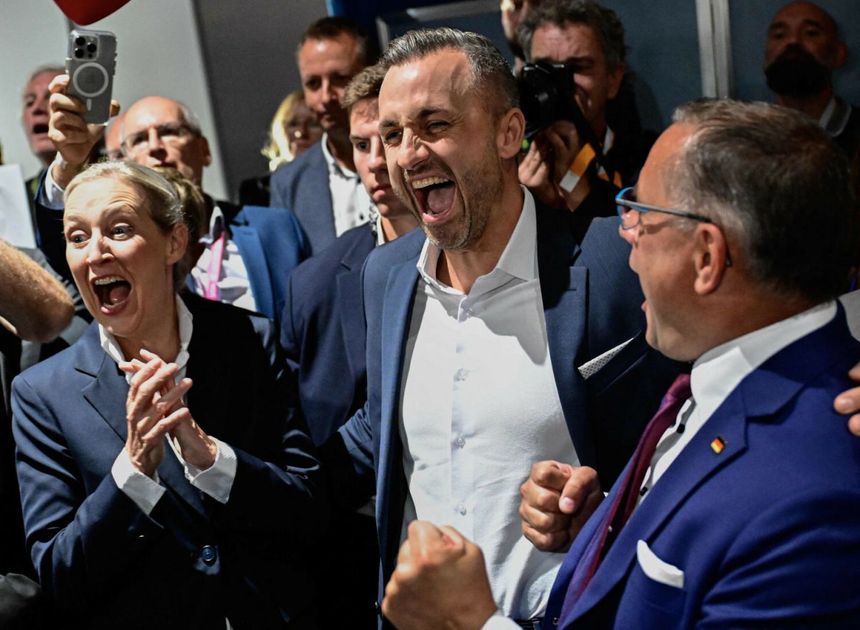 Ulrich Siegmund, Alice Weidel i Tino Chrupallapo ogłoszeniu wygranej AfD w wyborach w Saksonii-Anhalcie