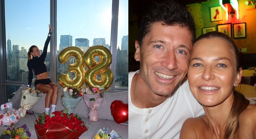 Anna Lewandowska siedzi w pomieszczeniu z widokiem na miasto, obok balony „38” i bukiety kwiatów.