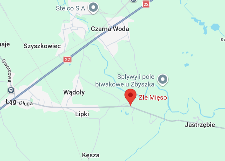 Mapa Google z oznaczoną wsią Złe Mięso