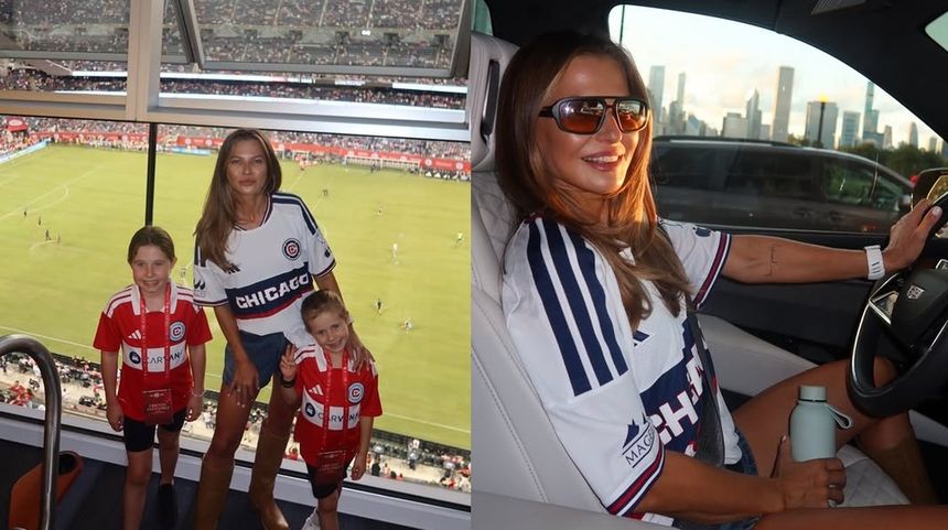 Na zdjęciu Anna Lewandowska z córkami w strojach sportowych, na tle stadionu i miejskiego krajobrazu.