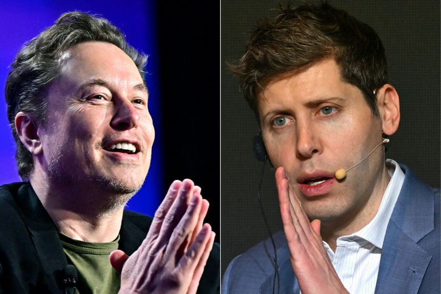 Na zdjęciu dwóch mężczyzn: po lewej uśmiechający się Elon Musk, po prawej Sam Altman.