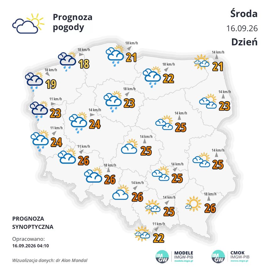 Mapa prognozy pogody dla Polski na dzień 16.09.2026 z temperaturami i warunkami atmosferycznymi.
