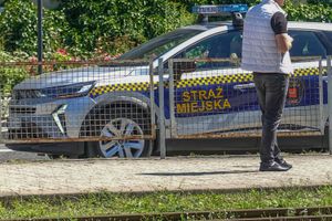 Na zdjęciu widoczny jest samochód straży miejskiej oraz stojący mężczyzna.