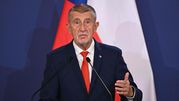 Na zdjęciu mężczyzna w garniturze przemawia przy mównicy, w tle flagi. Wygląda na polityka.