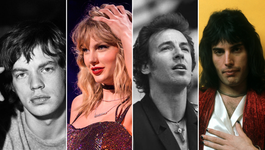 Na zdjęciu czterech znanych artystów: Mick Jagger, Taylor Swift, Bruce Springsteen, Freddie Mercury.