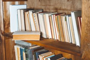 Zdjęcie półki z książkami w drewnianej bibliotece. Książki różnią się kolorami i rozmiarami.