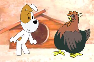 Na obrazku cartoonowy piesek i kura stojący obok siebie przed domkiem dla zwierząt.