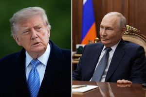Na zdjęciu Donald Trump po lewej i Władimir Putin po prawej, obaj w formalnych strojach.