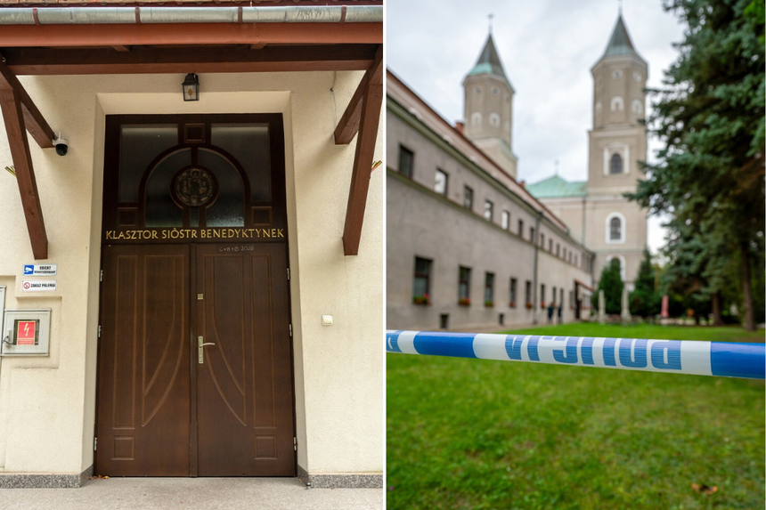 Drzwi klasztoru sióstr benedyktynek z policyjną taśmą w tle. Budynek z wieżami.