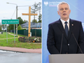 Tablica z nazwą miejscowości Wola Krobowska oraz mężczyzna przemawiający z mównicy.