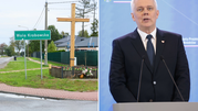 Tablica z nazwą miejscowości Wola Krobowska oraz mężczyzna przemawiający z mównicy.