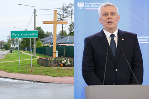 Tablica z nazwą miejscowości Wola Krobowska oraz mężczyzna przemawiający z mównicy.