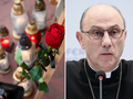 Na zdjęciu znicz z czerwoną różą oraz blisko twarz mężczyzny w okularach, przedstawiającego arcybiskupa.