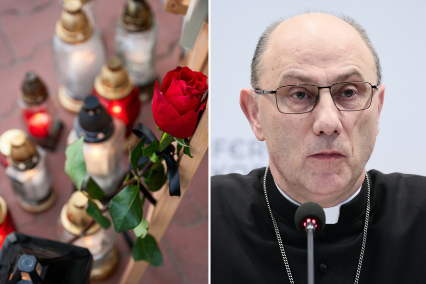 Na zdjęciu znicz z czerwoną różą oraz blisko twarz mężczyzny w okularach, przedstawiającego arcybiskupa.