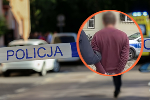 Na zdjęciu widać taśmę policyjną oraz osobę aresztowaną w niebieskim otoczeniu.
