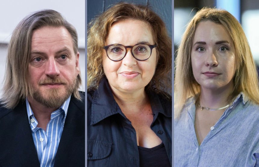 Trzy osoby na zdjęciu: mężczyzna z długimi włosami, kobieta w okularach i młodsza kobieta.