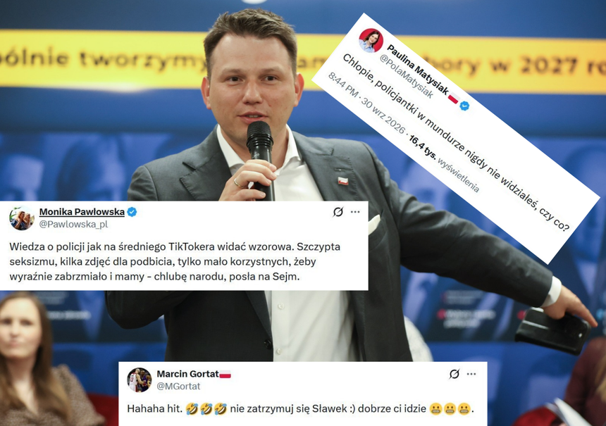 Mężczyzna z mikrofonem, wygłaszający przemówienie, w tle komentarze użytkowników Twittera.