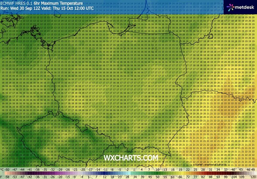Mapa temperatury w Polsce z wartościami od 12 do 22°C w różnych regionach.