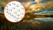Na zdjęciu krajobraz nad wodą w pięknej scenerii, z mapą prognozy pogody w tle.