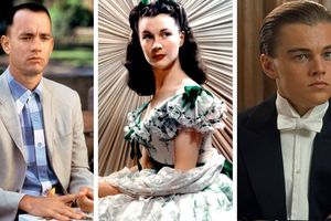 Trzy postacie filmowe: mężczyzna w jasnym garniturze, elegancka kobieta i mężczyzna w fraku.