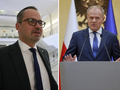 Na zdjęciu dwóch mężczyzn: po lewej Marcin Horała, po prawej Donald Tusk podczas przemówienia.