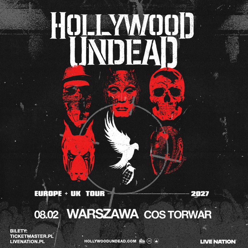 Plakat zespołu Hollywood Undead z datą koncertu 08.02.2027 w Warszawie.