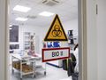 Drzwi do laboratorium z oznaczeniem „BIO II” i symbolem niebezpieczeństwa biologicznego.